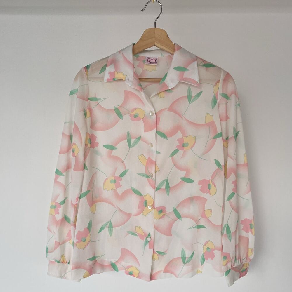 Vintage 70's Art Deco Floral Long Sleeve Shirt / S/M / Pastel Sheer Retro GRAFF